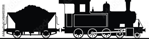 Steam locomotive silhouette illustration with coal tender and mechanical linkage for vintage railway, transport, and engineering themes.