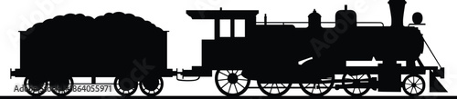 Steam locomotive silhouette illustration with coal tender and track for vintage transportation, history, and railway themes.