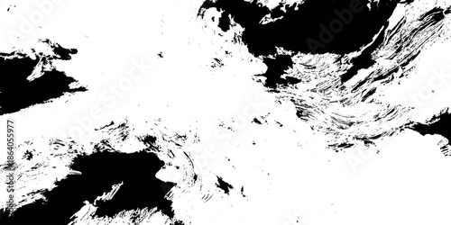 black and white old stained grunge background with various ink scratched brush strokes paint splash.	