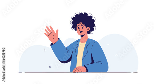 Friendly man with curly hair wearing a blue blazer waving his hand and smiling warmly in a stylized artistic illustration.