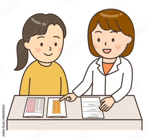 薬の説明をする女性薬剤師と若い女性患者