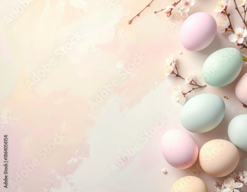 Beautiful pastel colored Easter eggs are scattered among delicate spring cherry blossoms on a light artistic background creating a peaceful festive scene