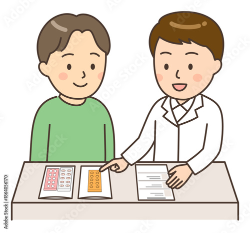 薬の説明をする男性薬剤師と若い男性患者