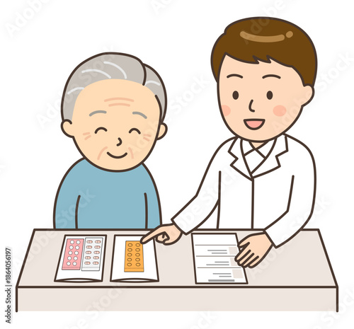 薬の説明をする若い男性薬剤師と患者のおじいさん