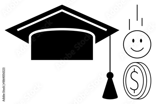 Education and financial opportunities. Graduation cap highlights academic achievement connected to financial growth through smiling coin and dollar sign. Perfect for education, scholarships, loans