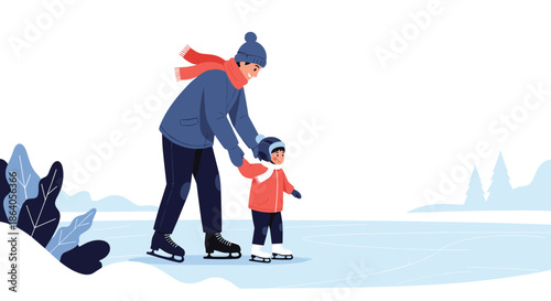 Caring father teaching his small child how to ice skate on a frozen lake in a beautiful snowy winter park with trees.