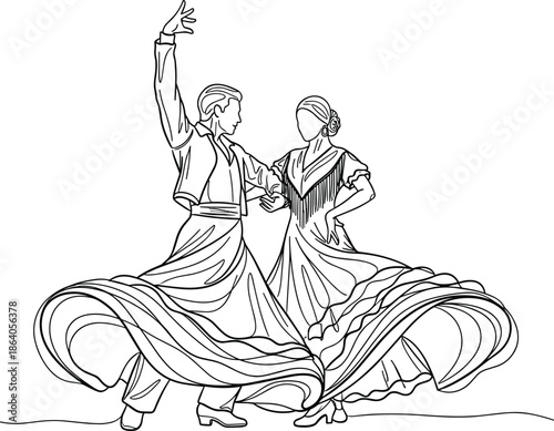 Traditional folk dance couple line art illustration showing elegant movement flowing costumes cultural rhythm romance heritage vector design isolated outline
