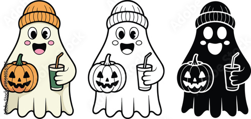Cute Halloween ghost holding a spice coffee and a carved pumpkin silhouette & Outline and illustration set isolated on transparent background