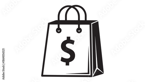 Minimalist black and white line art vector illustration of a paper shopping bag with a dollar sign symbol representing retail sales consumer spending and commercial economy