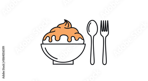Simple outline illustration of a food bowl filled with a creamy dish served with a metallic spoon and fork on a white background.