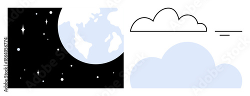 Space and clouds concept. Space contrasts with minimal cloud shapes to illustrate day and night. Space symbols highlight planet Earth and the universe. For astronomy, nature, environment, education