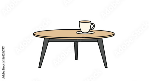 Simple vector illustration of a single ceramic coffee cup placed on a round wooden coffee table with a clean white background.