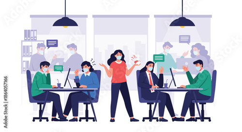 Diverse group of office workers wearing protective face masks while working and collaborating in a modern open workspace during pandemic.