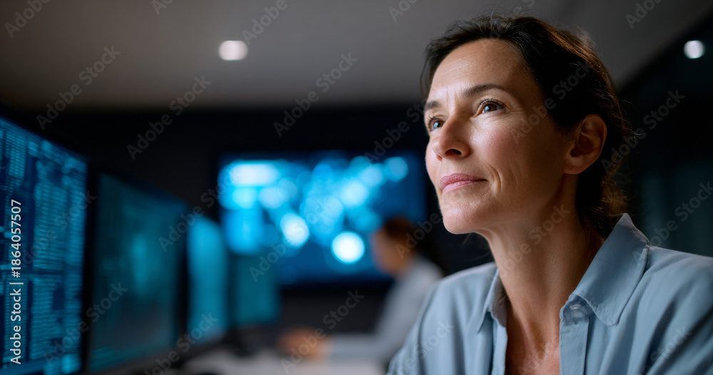 Obraz premium Focused woman working in a dark room with multiple computer screens displaying data and digital information