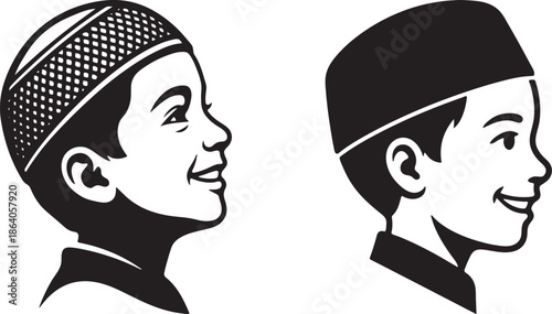 Minimalist Vector Illustration of Smiling Muslim Boys, Wearing Traditional Caps (Kufi/Topi)  Side Profile Portrait Icon