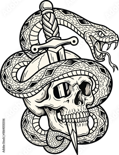Skull and snake tattoo vector, gothic skull and snake vector, snake and dagger skull, snake wrapped around skull vector illustration