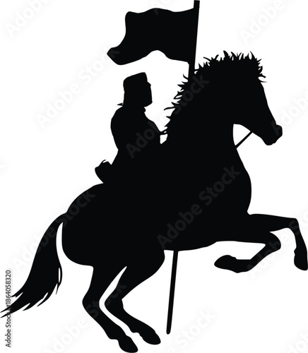 Black silhouette of a powerful warrior riding a majestic rearing horse, proudly holding a flowing flag, symbolizing strength, victory, and historical bravery in a bold equestrian graphic.