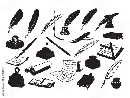 Vintage Writing Tools Collection with Feathers and Ink