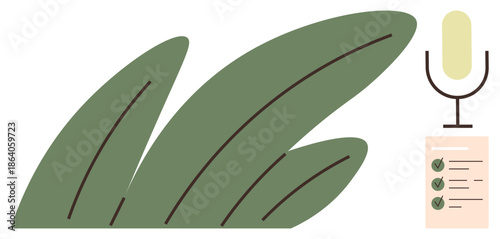 Podcasting, audio recording, sustainable content, eco storytelling, creative production, voice presentation. Green leaves with a microphone and checklist. Podcasting and audio recording concept