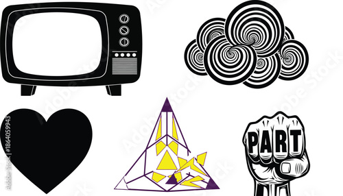 a vintage TV, spiral clouds, and a geometric pyramid Art & Illustration