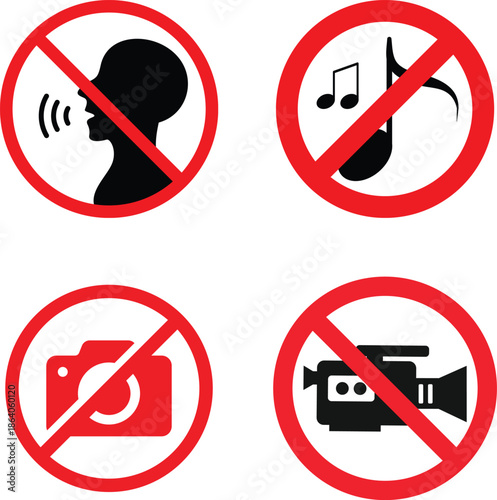 Prohibited Signs Icon Set: No Talking, No Music, No Photography and No Video Recording Symbols Isolated on White