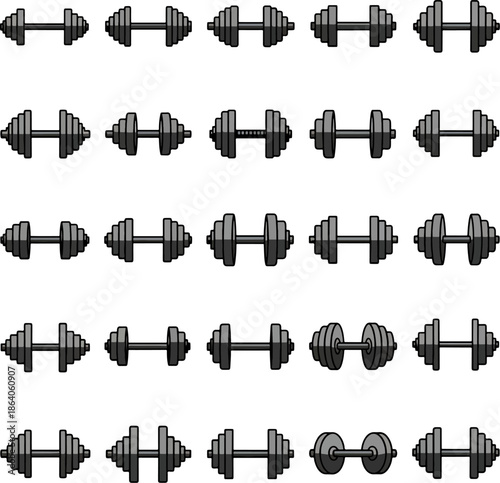 Collection of Dumbbell Icons Representing Strength Training and Weightlifting Exercises in Various Styles