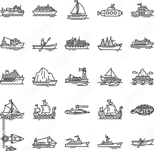 Collection of Various Ships and Boats Icons, Including Cargo Ship, Sailboat, Submarine, and Kayak, on White Background