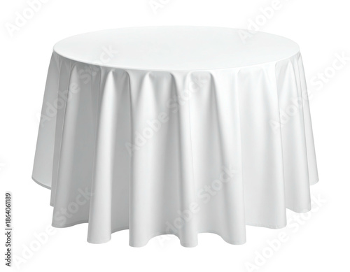 A rendered illustration of a white, round table draped with a pristine, floor-length tablecloth