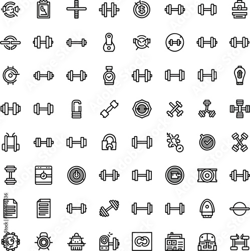 Vector Collection of Fitness and Gym Icons Representing Exercise Equipment, Health, and Training Workouts