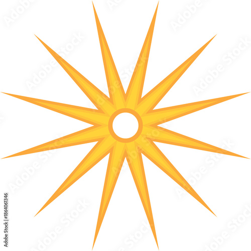 Bright yellow spiky star with twelve sharp rays is radiating on white background