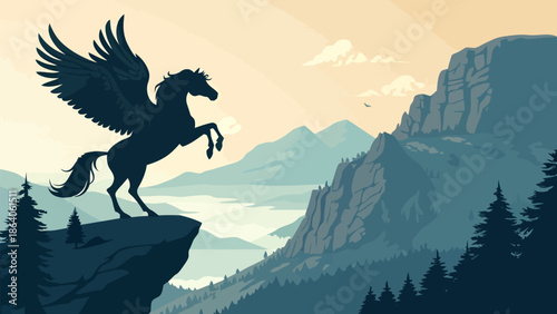 Majestic winged horse standing on cliff overlooking mountains