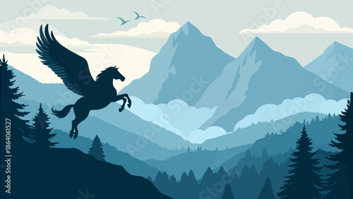Majestic winged horse soars over stunning mountain landscape with clouds