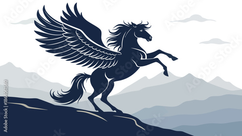Majestic winged horse standing on mountain peak with wings spread