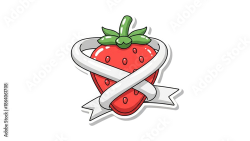 A strawberry wrapped in a ribbon banner illustration