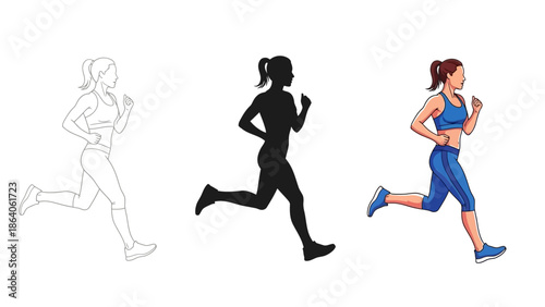 Collection of three dynamic running woman illustrations showing a complete outline a solid silhouette and a detailed colored athlete side view