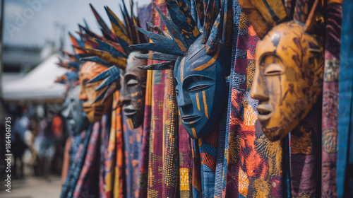 Colorful Vodoun masks and statues displayed during Fête du Vodoun traditional cultural celebration