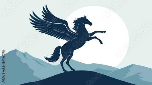 Majestic winged horse standing on mountain peak at sunset