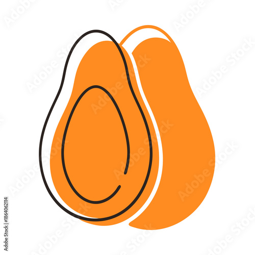 Half avocado with orange flesh and simple line illustration  