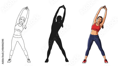 Set of three illustrations showing a fit woman performing a standing side bend stretch with arms raised overhead for core flexibility and warm up