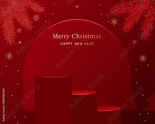 Festive red christmas backdrop with podium and new year greetings