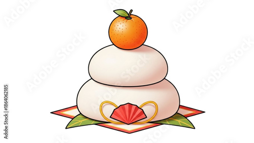A traditional Japanese dessert, Mochi, topped with an orange, placed on a decorative plate, celebrated during New Year, viewed from the front.