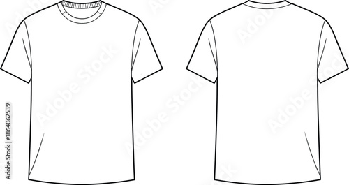 Blank Crew Neck T-Shirt Technical Sketch Template Front and Back View, Fashion CAD Streetwear Flat Vector Illustration for Apparel Design