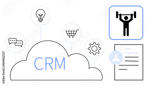 Customer management, business tools, digital interaction, sales process, strategy, workflow improvement. Cloud labeled CRM surrounded by message bubble, idea bulb cart gear. Customer management