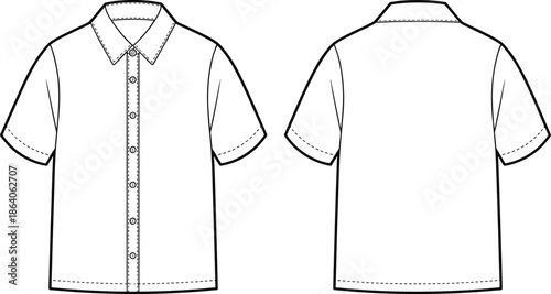 CAD streetwear flat vector illustration of blank short sleeve button down shirt and hoodie technical drawing templates for apparel fashion design