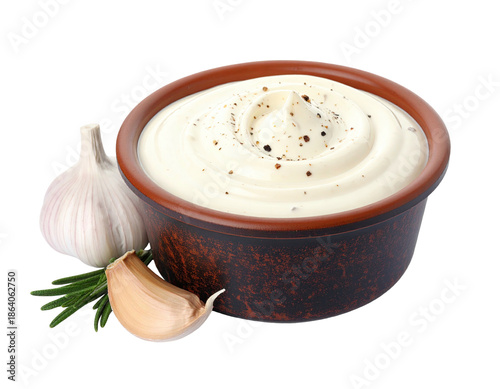Close-up of a creamy sauce in a ceramic bowl, garnished with garlic and herbs