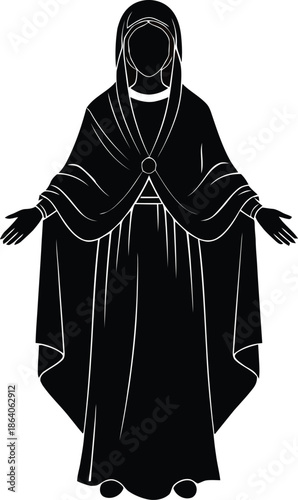A mysterious hooded figure in a long dark robe with outstretched arms
