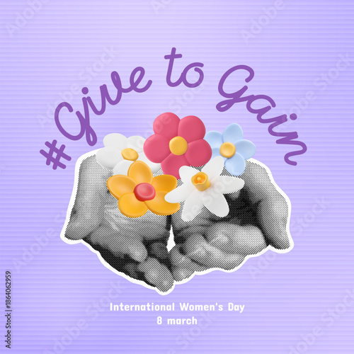 Givetogain banner with halftone hands and 3d plastic flowers. International women day card, trendy collage elements, the gesture of giving. Vector illustration. Gradient purple corrugated background.