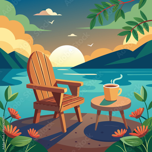 Kursi kayu dipinggir danau diatas kursi ada bunga dan secangkir kopi
