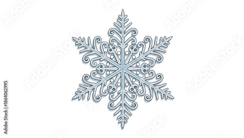 An intricate snowflake illustration with delicate patterns and symmetrical design on a white background