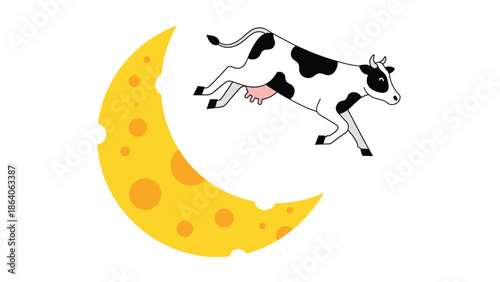 Playful cow jumping over a crescent moon with cheese texture